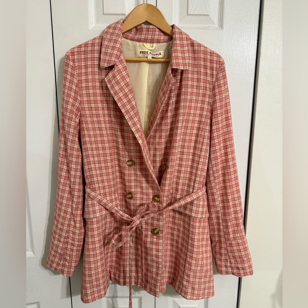 Free People Olivia Tie Waist Gingham Double Breasted Blazer size medium